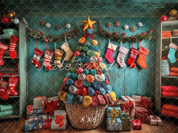 Kate Bunter Weihnachtsbaum und Strümpfe mit Retro-Holzwand Hintergrund - Kate Backdrop.de
