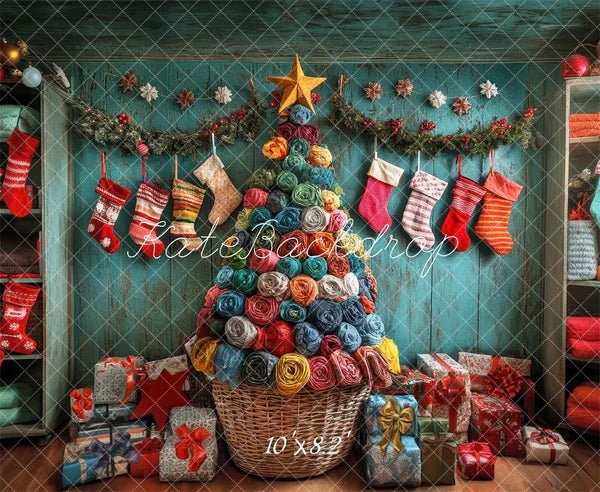 Kate Bunter Weihnachtsbaum und Strümpfe mit Retro-Holzwand Hintergrund - Kate Backdrop.de