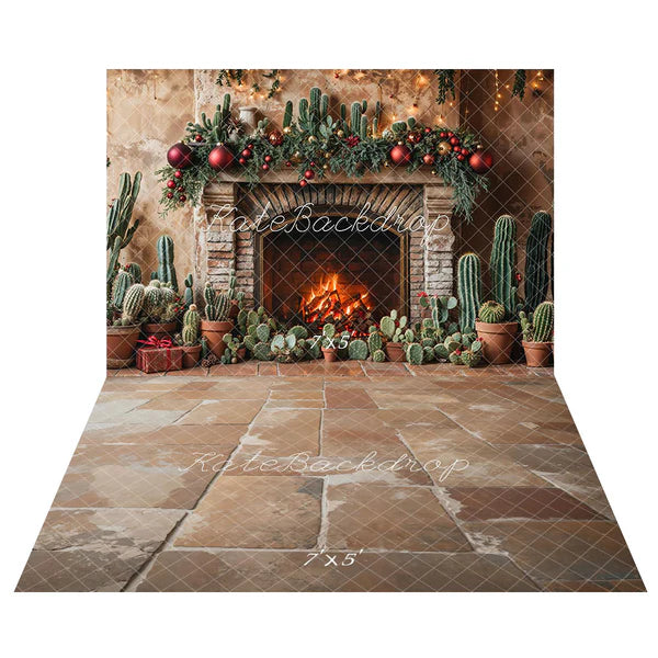 ⚡Blitzangebote #4-Kate Retro Wand Weihnachten Kaktus Kamin Hintergrund+Vintage Rustikaler Kopfsteinpflasterboden Hintergrund - Kate Backdrop.de