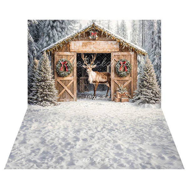 Kate Weihnachten Rentier Holz Scheune Kabine Hintergrund+Winter Schnee Textur Boden Hintergrund - Kate Backdrop.de