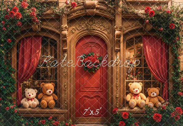 Kate Retro Bogen aus Holz Teddybär Rosen Tür Hintergrund entworfen von Emetselch - Kate Backdrop.de