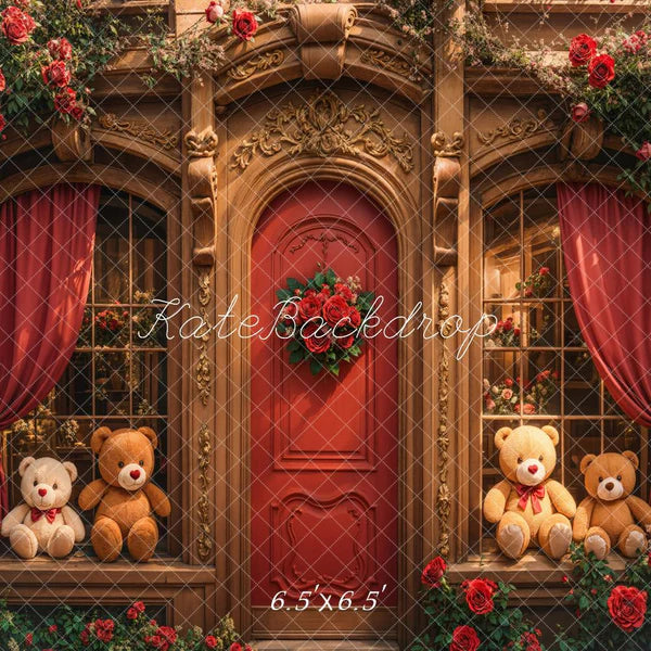 Kate Retro Bogen aus Holz Teddybär Rosen Tür Hintergrund entworfen von Emetselch - Kate Backdrop.de