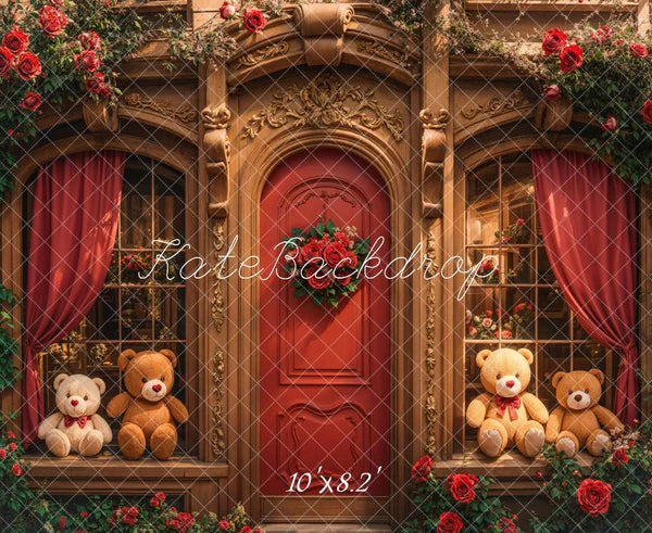 Kate Retro Bogen aus Holz Teddybär Rosen Tür Hintergrund entworfen von Emetselch - Kate Backdrop.de