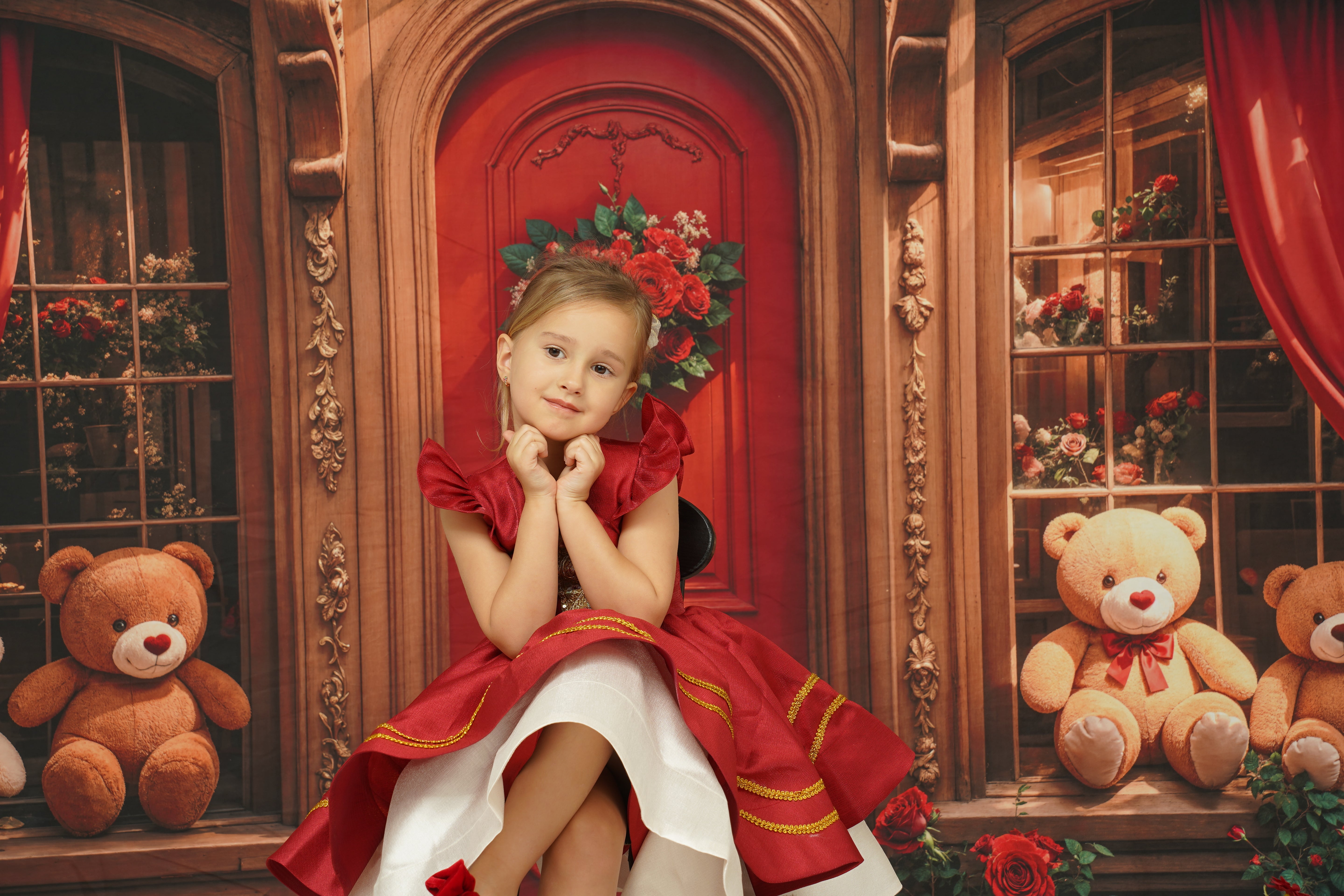 Kate Retro Bogen aus Holz Teddybär Rosen Tür Hintergrund entworfen von Emetselch