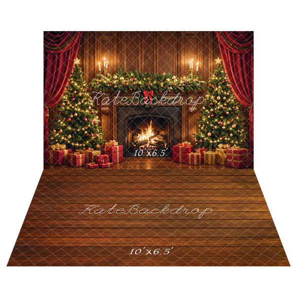 Kate Weihnachten Kamin Baum Braun Retro Wand Hintergrund+Brauner Holzstrukturboden  Hintergrund - Kate Backdrop.de