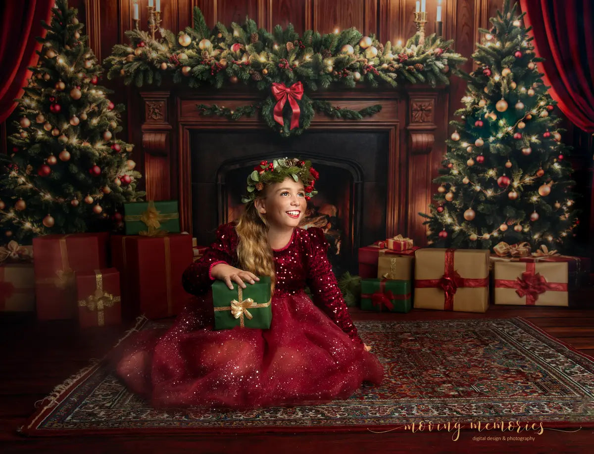Kate Weihnachten Kamin Baum Braun Retro Wand Hintergrund+Brauner Holzstrukturboden  Hintergrund - Kate Backdrop.de