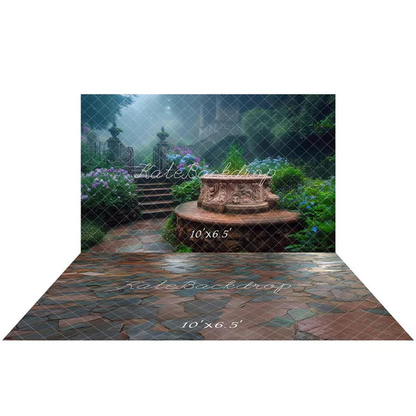 Kate REnchanted Garden Springbrunnen Treppe+Multicolor Schiefer Steinboden Hintergrund - Kate Backdrop.de