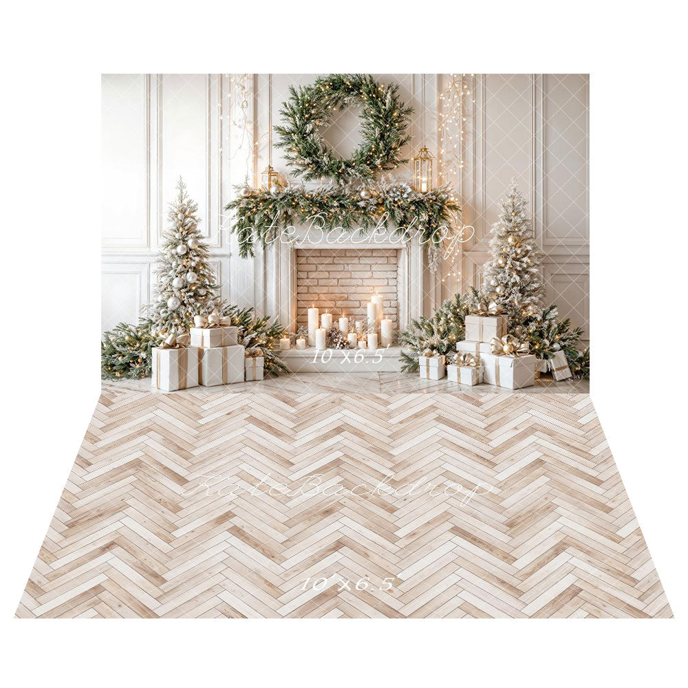 Kate Weihnachten Weihnachtsbaum-Kamin-Girlande Hintergrund+Fischgrät-Holzboden Hintergrund - Kate Backdrop.de