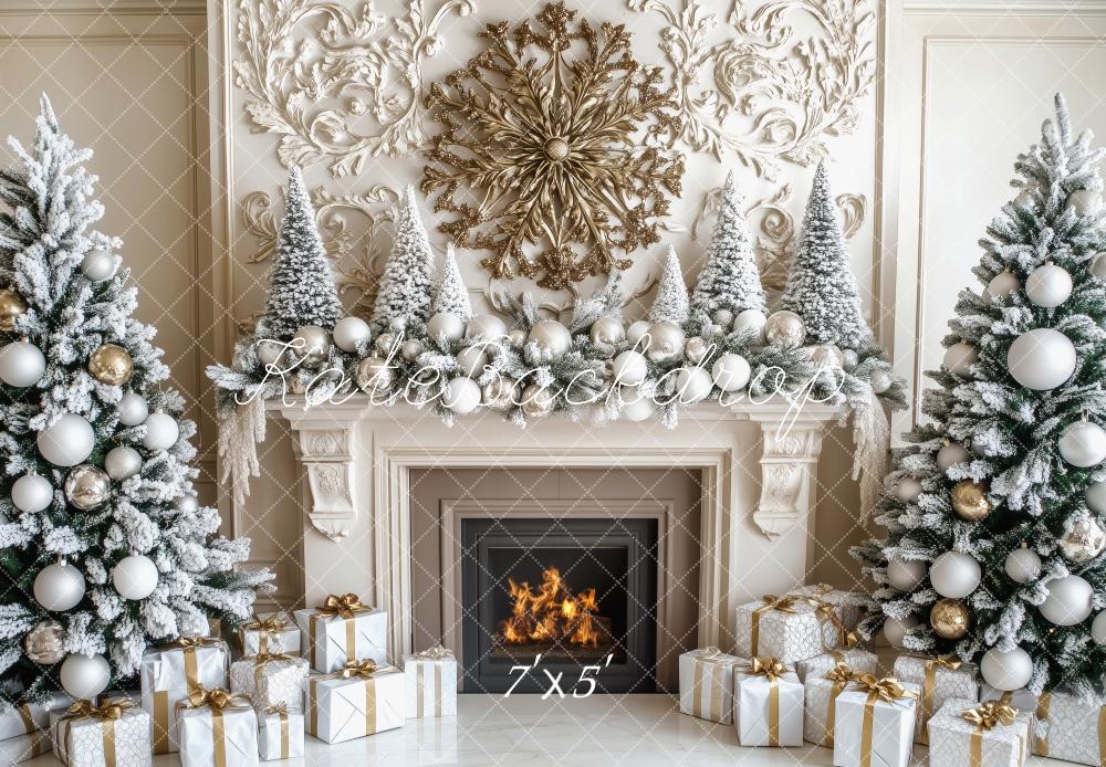 Kate Weihnachten-Baum Eleganter verschneiter Kamin Hintergrund von Patty Roberts - Kate Backdrop.de