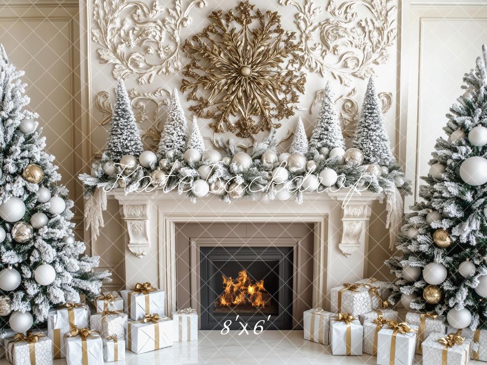 Kate Weihnachten-Baum Eleganter verschneiter Kamin Hintergrund von Patty Roberts - Kate Backdrop.de
