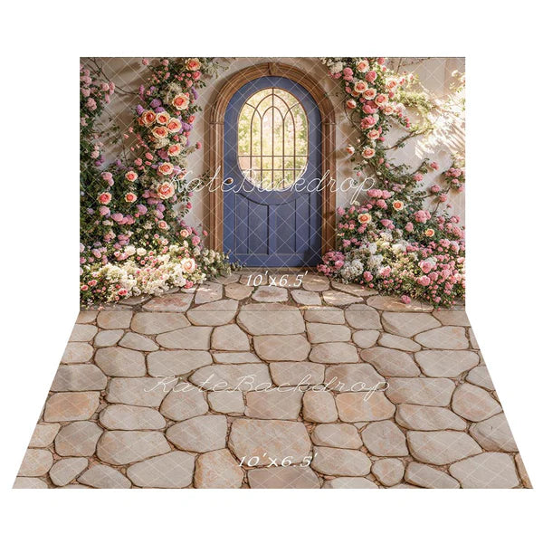 Kate Frühlingsblumen-Bogentür Hintergrund+Stein Pflasterstein Boden Hintergrund