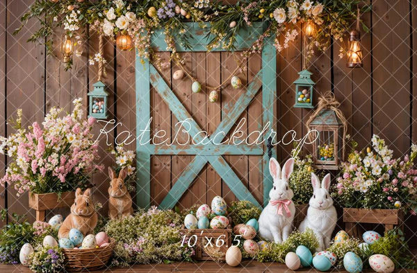 Kate Osterhase Scheunentür Blumenschmuck  Hintergrund entworfen von Emetselch - Kate Backdrop.de