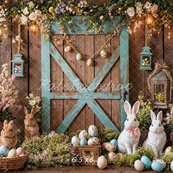 Kate Osterhase Scheunentür Blumenschmuck  Hintergrund entworfen von Emetselch - Kate Backdrop.de