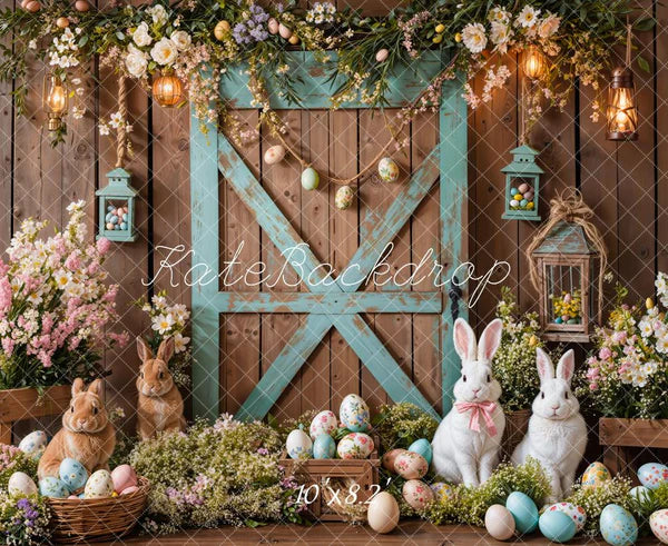 Kate Osterhase Scheunentür Blumenschmuck  Hintergrund entworfen von Emetselch - Kate Backdrop.de