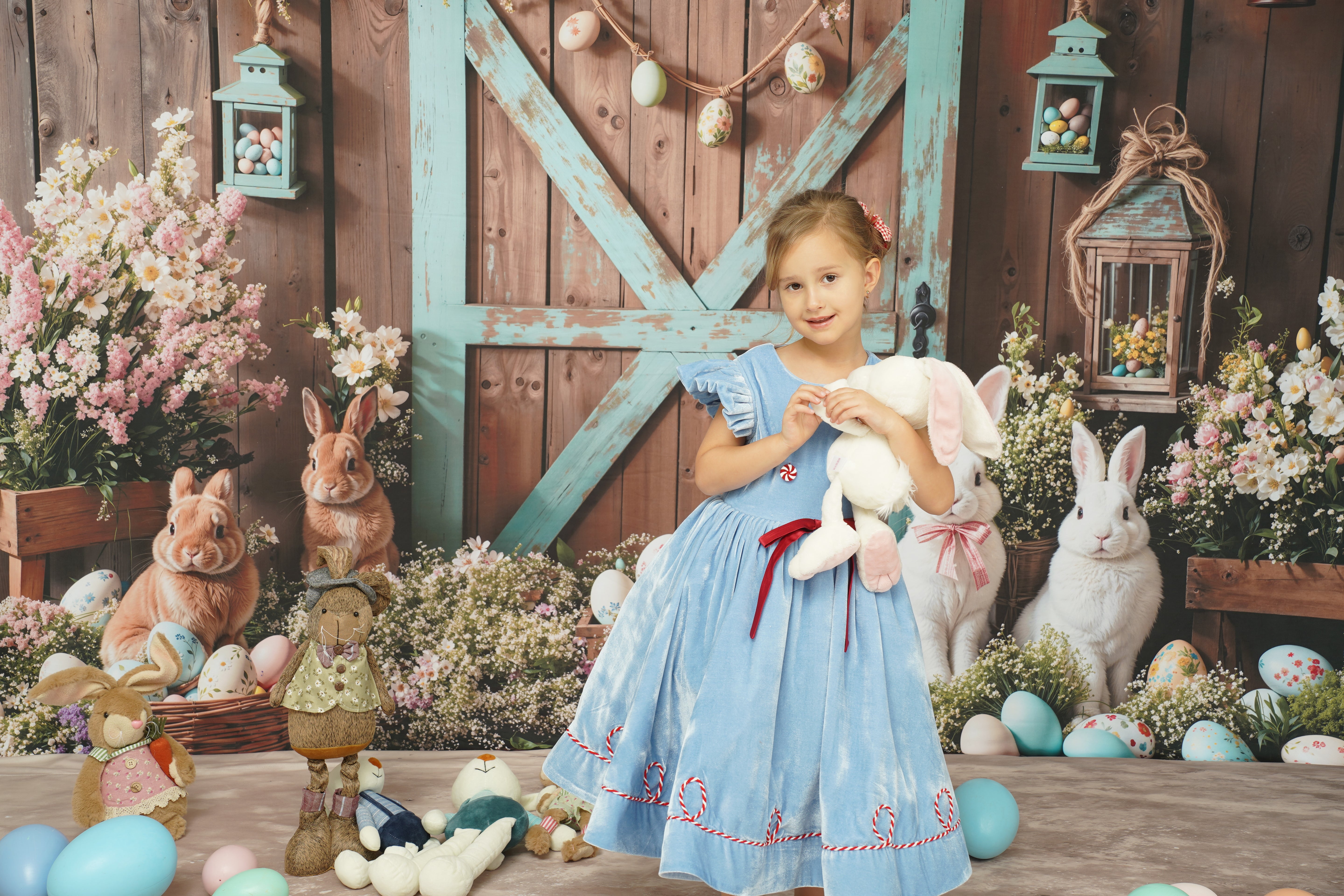 Kate Osterhase Scheunentür Blumenschmuck  Hintergrund entworfen von Emetselch - Kate Backdrop.de