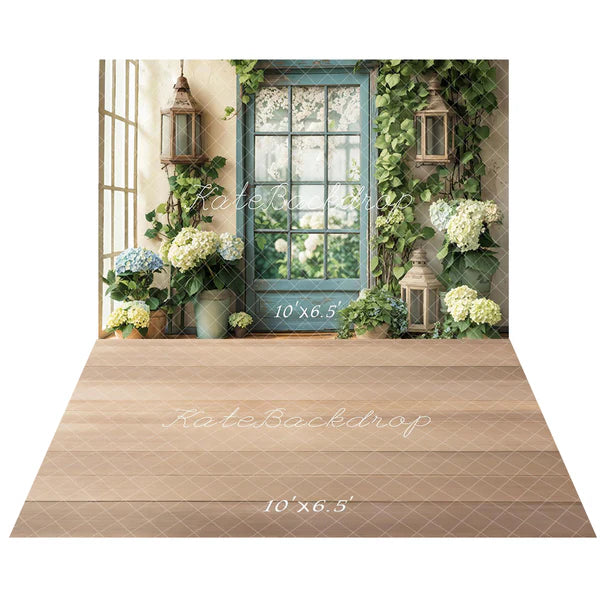 Kate Frühling Floral Fenster Tür Hortensien Hintergrund+Beige Holzboden Hintergrund - Kate Backdrop.de