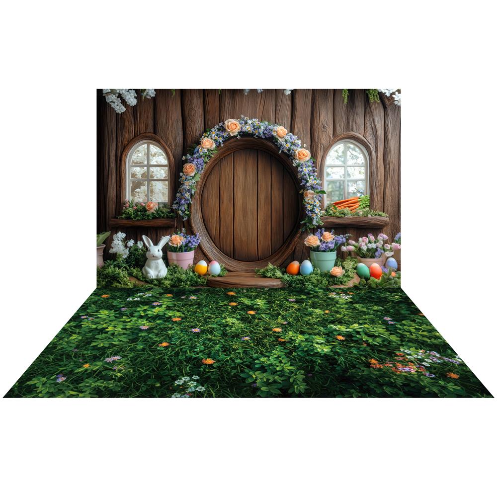 Kate Ostern Hase Blume Bogen Baumhaus Hintergrund + Blume Gras Gummibodenmatte