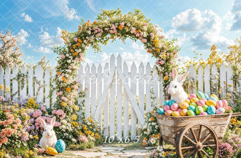 Kate Ostern Hase Blume Bogen Zaun Hintergrund entworfen von Emetselch - Kate Backdrop.de