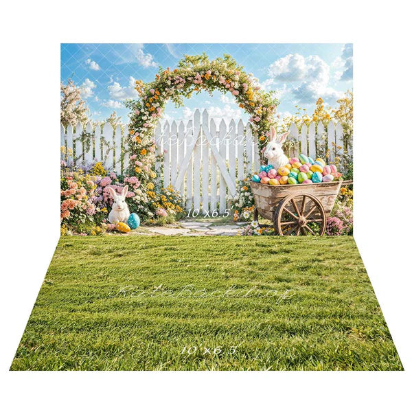 Kate Osterhase Blume Bogen Zaun Hintergrund+Frühling Grünes Gras Feld Boden Hintergrund - Kate Backdrop.de