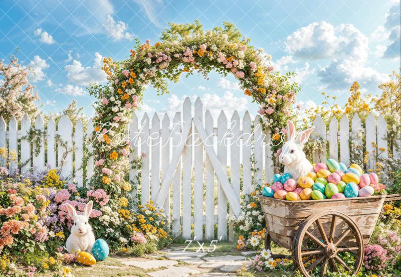 Kate Ostern Hase Blume Bogen Zaun Hintergrund entworfen von Emetselch - Kate Backdrop.de