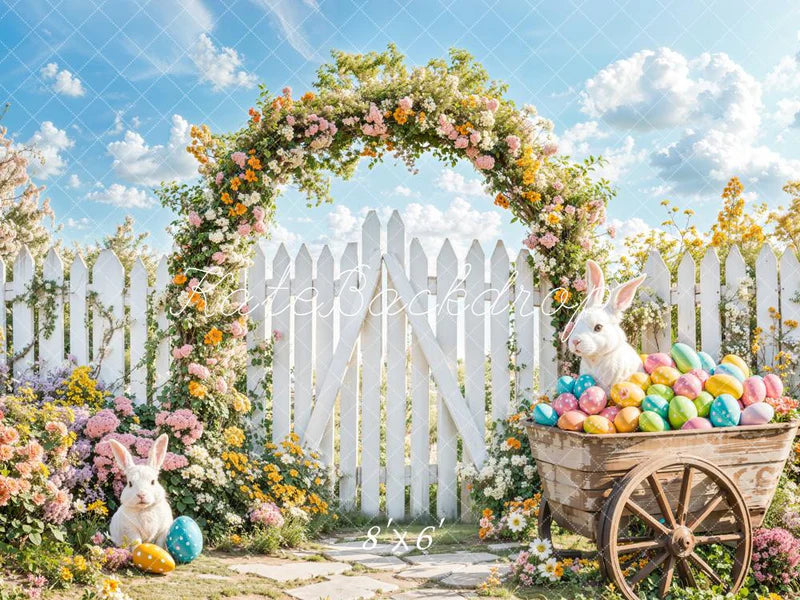 Kate Ostern Hase Blume Bogen Zaun Hintergrund entworfen von Emetselch - Kate Backdrop.de