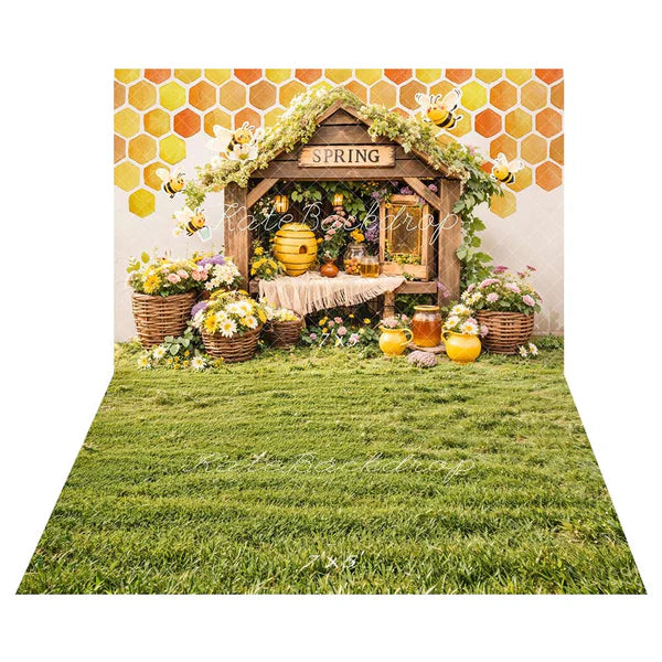 Kate Frühling Biene Wabe Blumen Hintergrund+Frühling Grünes Gras Feld Boden Hintergrund - Kate Backdrop.de