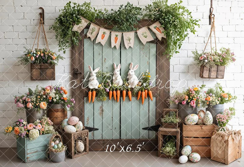 Kate Ostern - Ei Hase Möhren Holztür Hintergrund entworfen von Emetselch - Kate Backdrop.de