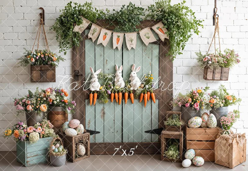 Kate Ostern - Ei Hase Möhren Holztür Hintergrund entworfen von Emetselch - Kate Backdrop.de