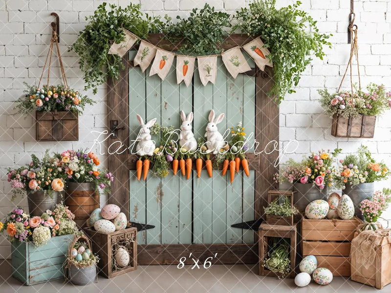 Kate Ostern - Ei Hase Möhren Holztür Hintergrund entworfen von Emetselch - Kate Backdrop.de