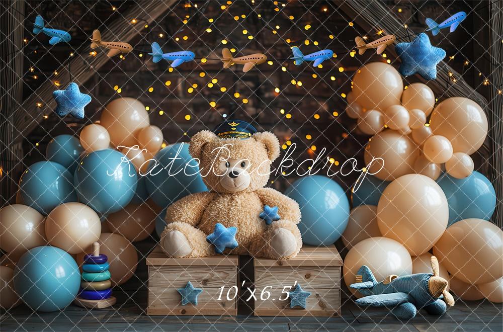 Kate Cake Smash Teddybär Flugzeugpilot Luftballon Hintergrund Von Laura Bybee - Kate Backdrop.de
