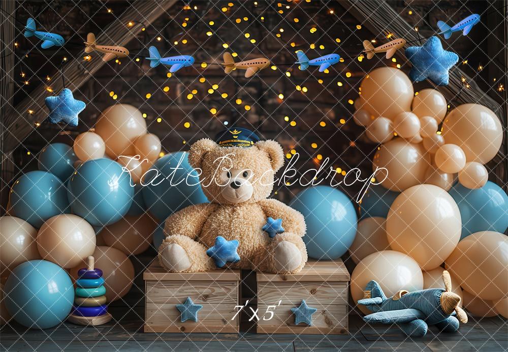 Kate Cake Smash Teddybär Flugzeugpilot Luftballon Hintergrund Von Laura Bybee - Kate Backdrop.de