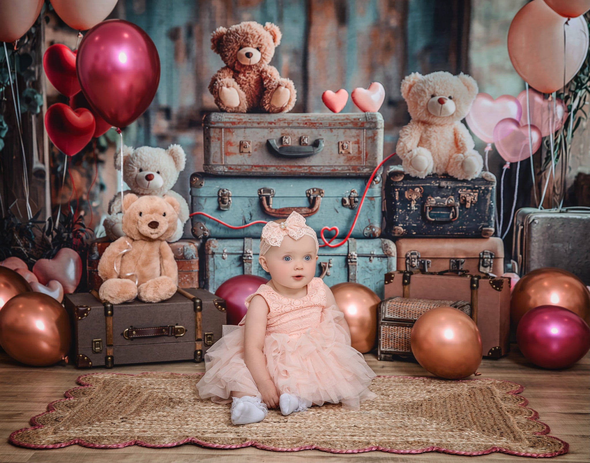 Kate Cake Smash Teddybär Koffer Luftballon Hintergrund Von Laura Bybee - Kate Backdrop.de