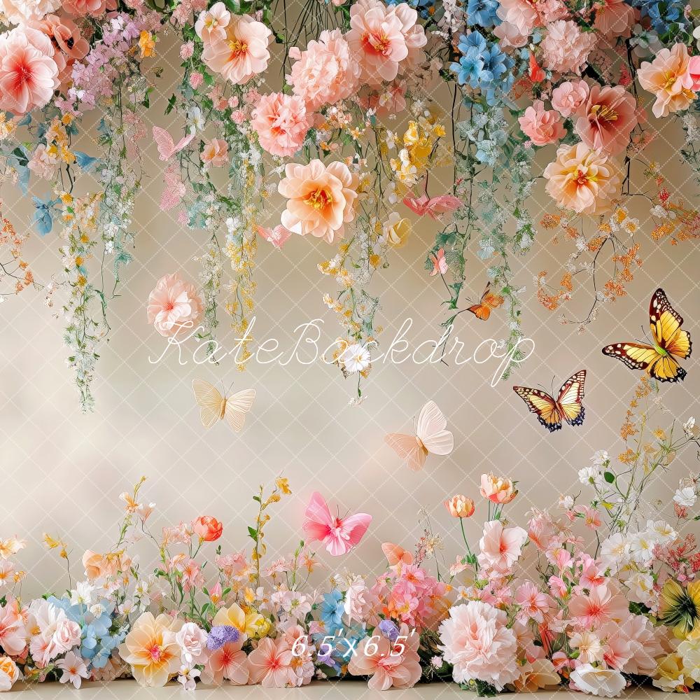 Kate Frühling Blumen Schmetterling Weiße Wand Hintergrund Entworfen von Patty Robert - Kate Backdrop.de