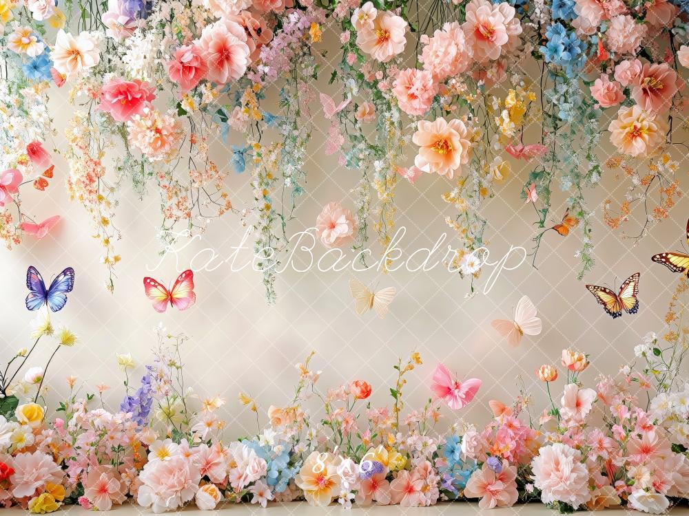 Kate Frühling Blumen Schmetterling Weiße Wand Hintergrund Entworfen von Patty Robert - Kate Backdrop.de