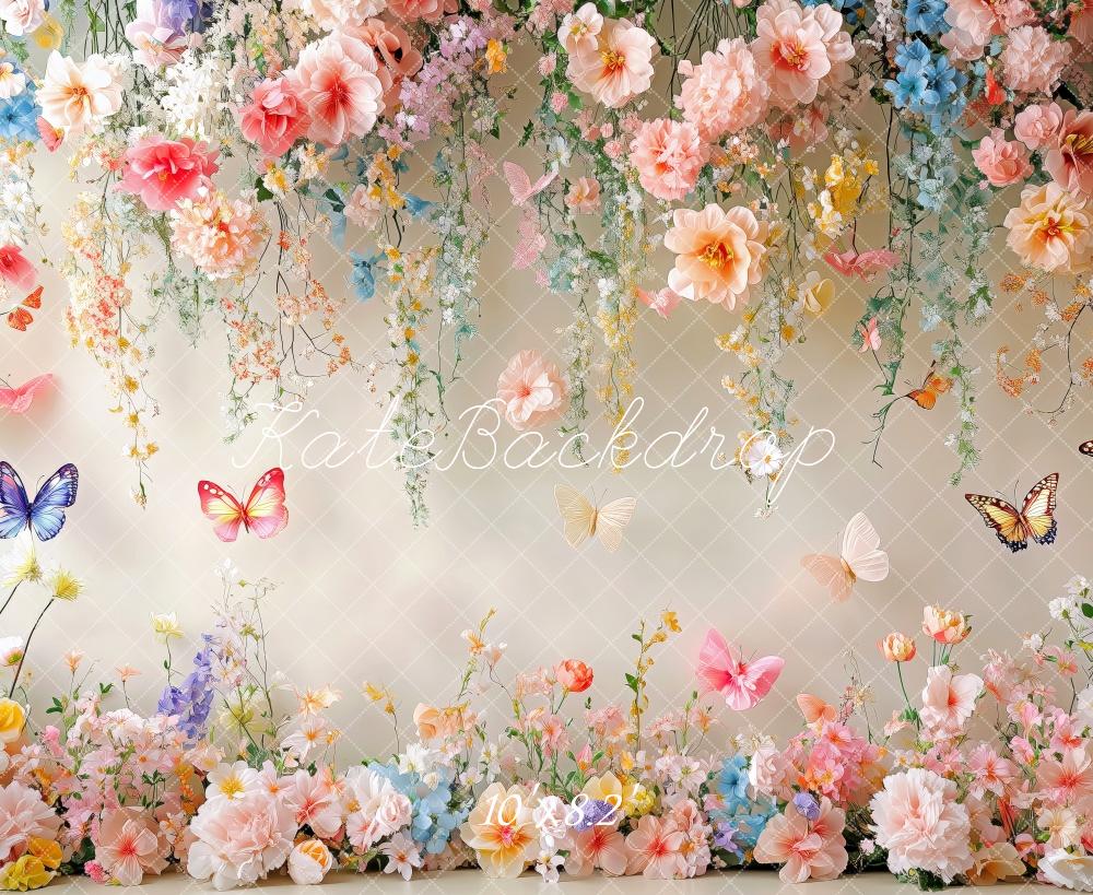 Kate Frühling Blumen Schmetterling Weiße Wand Hintergrund Entworfen von Patty Robert - Kate Backdrop.de
