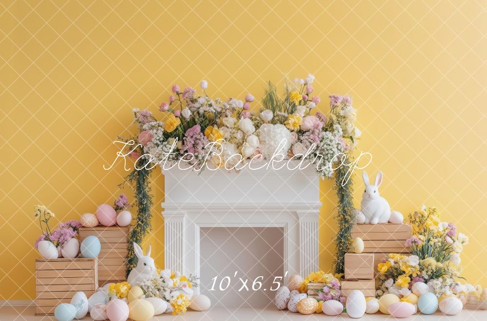 Kate Ostern Hase Blumengesteck Kamin Gelb Hintergrund Entworfen von Patty Robert - Kate Backdrop.de