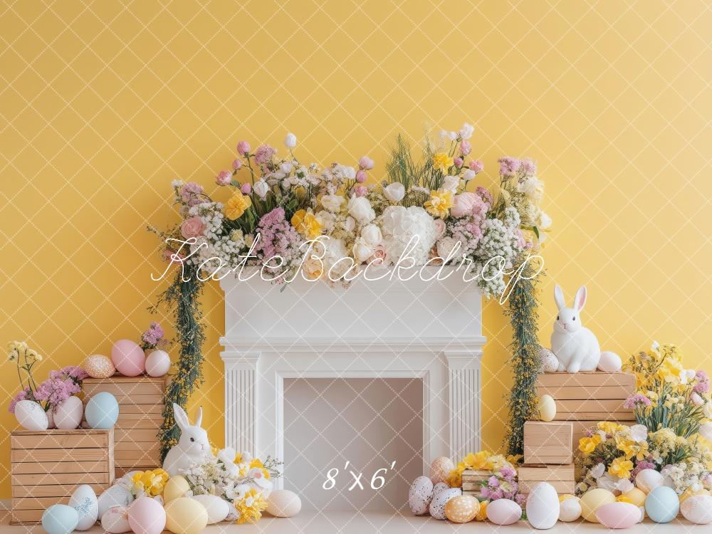 Kate Ostern Hase Blumengesteck Kamin Gelb Hintergrund Entworfen von Patty Robert - Kate Backdrop.de