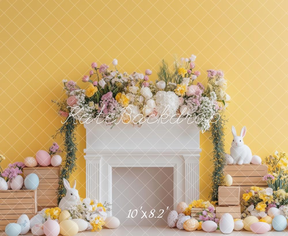 Kate Ostern Hase Blumengesteck Kamin Gelb Hintergrund Entworfen von Patty Robert - Kate Backdrop.de