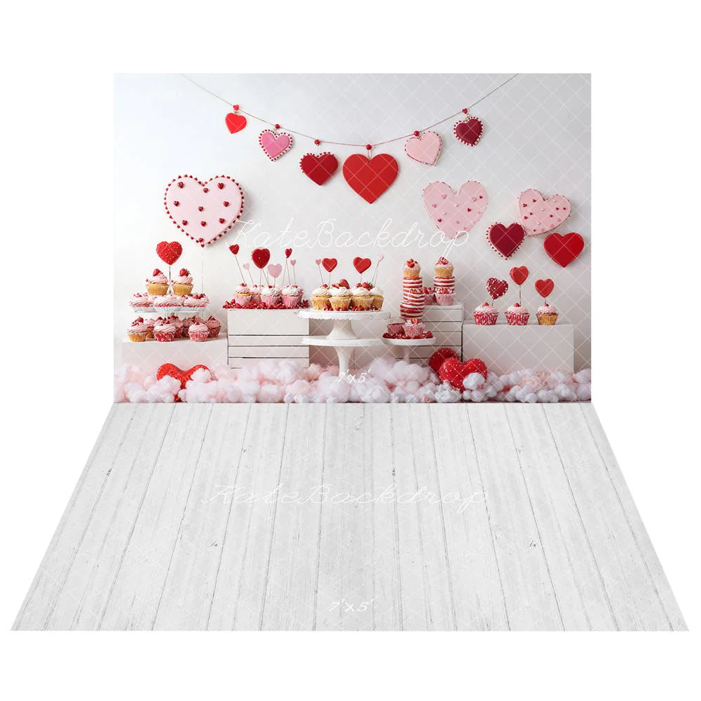 ⚡Blitzangebote #1-Kate Valentinstag Herz Dessert Cupcake Hintergrund+Weißer grauer Holzboden Hintergrund - Kate Backdrop.de