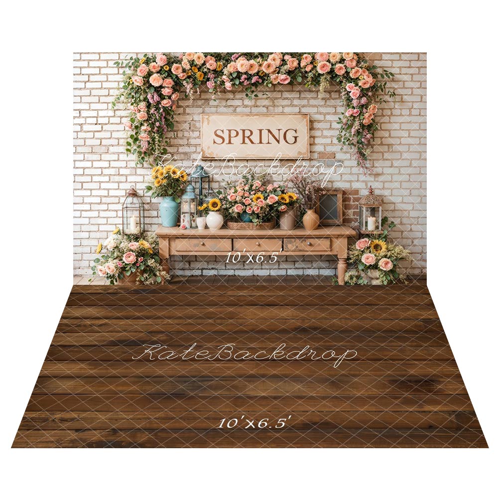 ⚡Blitzangebote #1-Kate Frühling Floral Vintage Backsteinmauer Hintergrund+Brauner Holzboden Hintergrund - Kate Backdrop.de