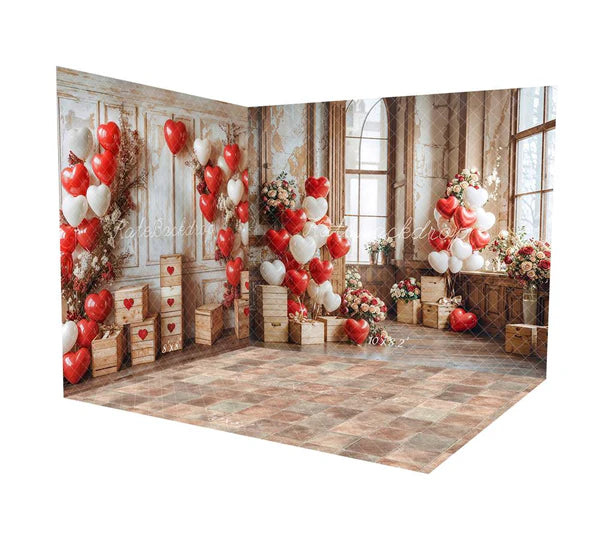 ⚡Blitzangebote #1-Kate Valentinstag Herz Ballons Holz Vintage Zimmer Set - Kate Backdrop.de