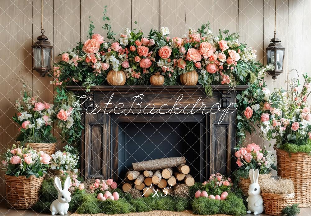 Kate Ostern Hase Blumen Kamin Holz Hintergrund von Patty Roberts - Kate Backdrop.de