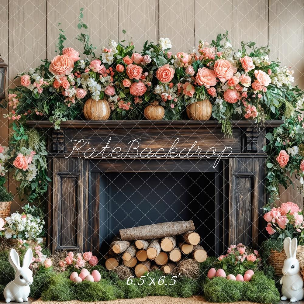 Kate Ostern Hase Blumen Kamin Holz Hintergrund von Patty Roberts - Kate Backdrop.de