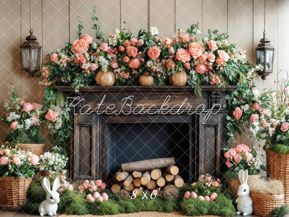 Kate Ostern Hase Blumen Kamin Holz Hintergrund von Patty Roberts - Kate Backdrop.de