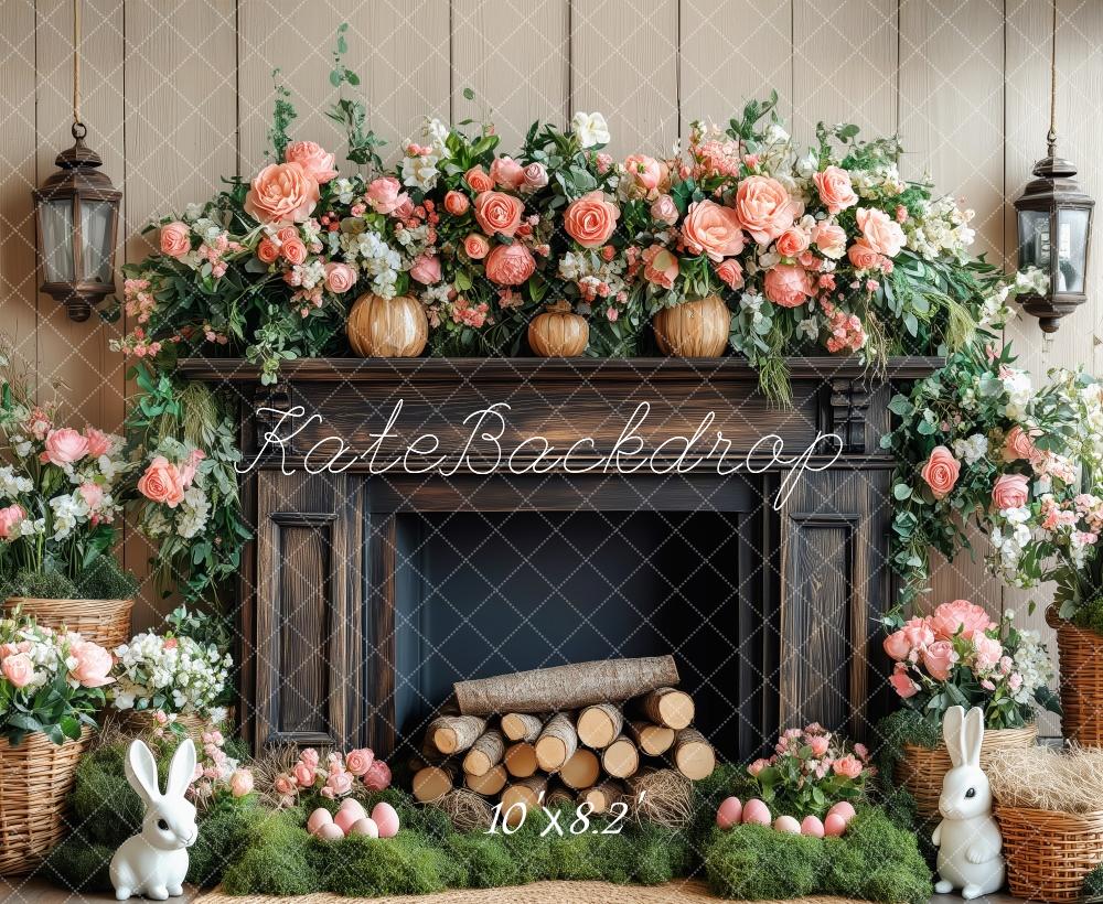 Kate Ostern Hase Blumen Kamin Holz Hintergrund von Patty Roberts - Kate Backdrop.de