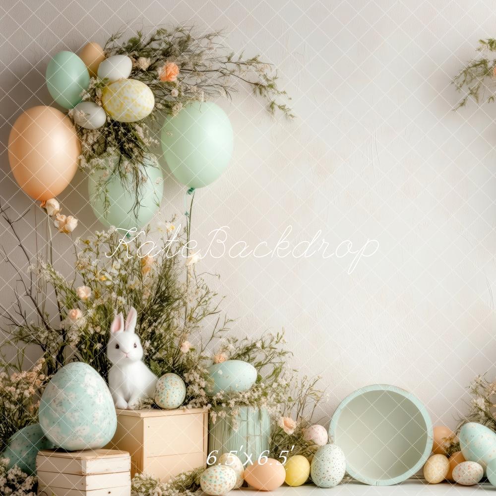 Kate Ostern Hase Pastell Eier Luftballons Hintergrund Entworfen von Patty Robert - Kate Backdrop.de