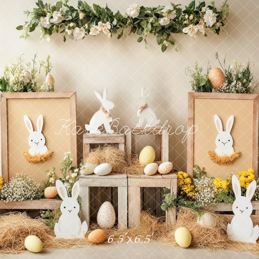 Kate Ostern Hase Blumen-Eier Rustikal Hintergrund Entworfen von Patty Robert - Kate Backdrop.de