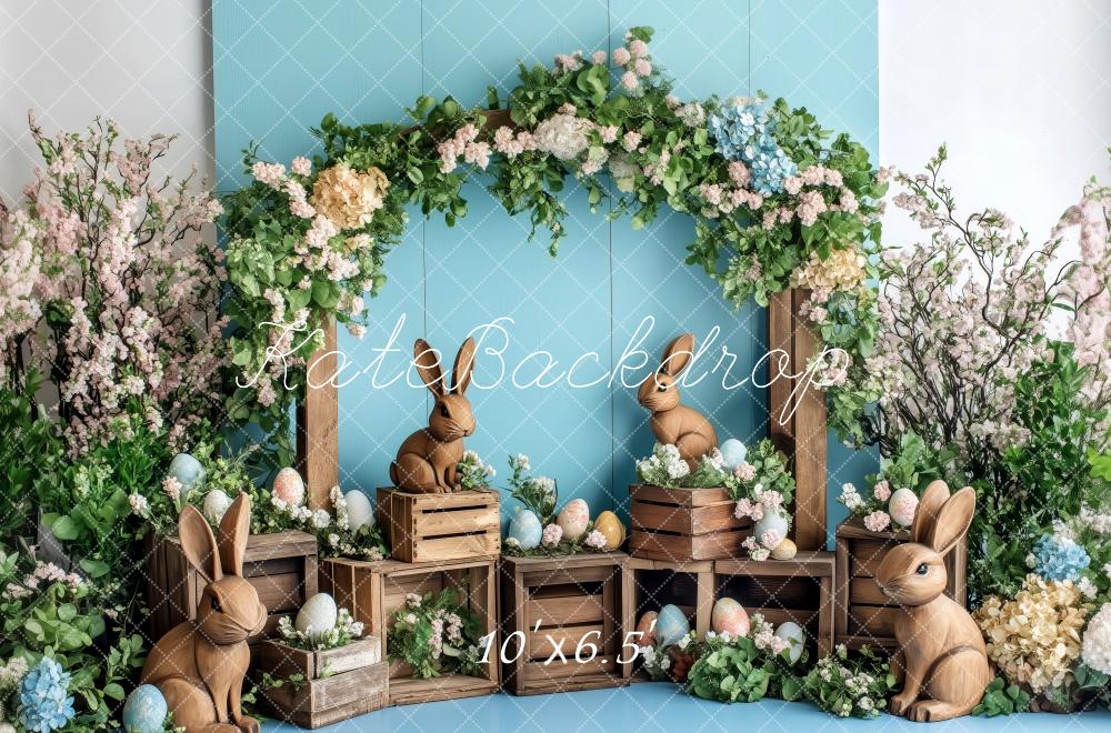 Kate Ostern Hase Blumen Bogen Rustikal Hintergrund Entworfen von Patty Robert - Kate Backdrop.de