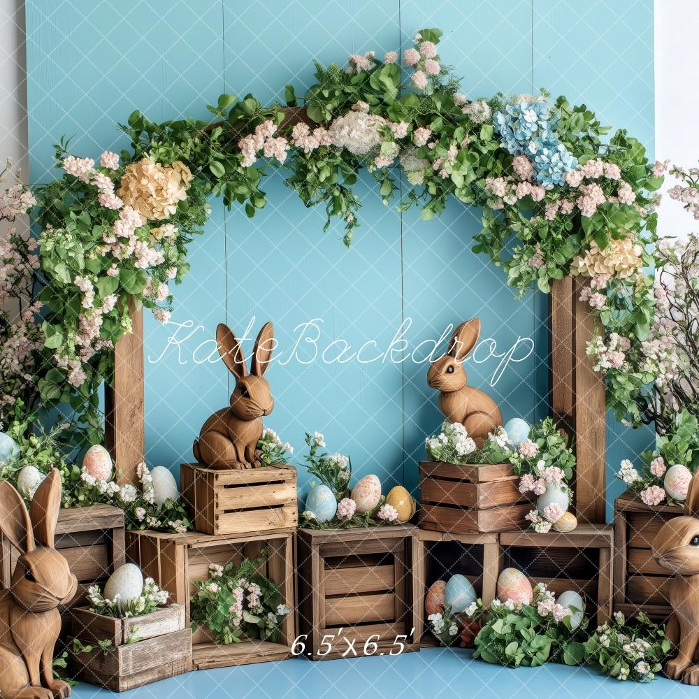 Kate Ostern Hase Blumen Bogen Rustikal Hintergrund Entworfen von Patty Robert - Kate Backdrop.de