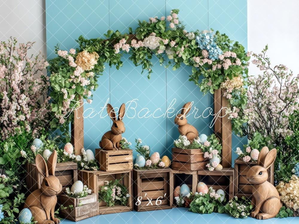 Kate Ostern Hase Blumen Bogen Rustikal Hintergrund Entworfen von Patty Robert - Kate Backdrop.de